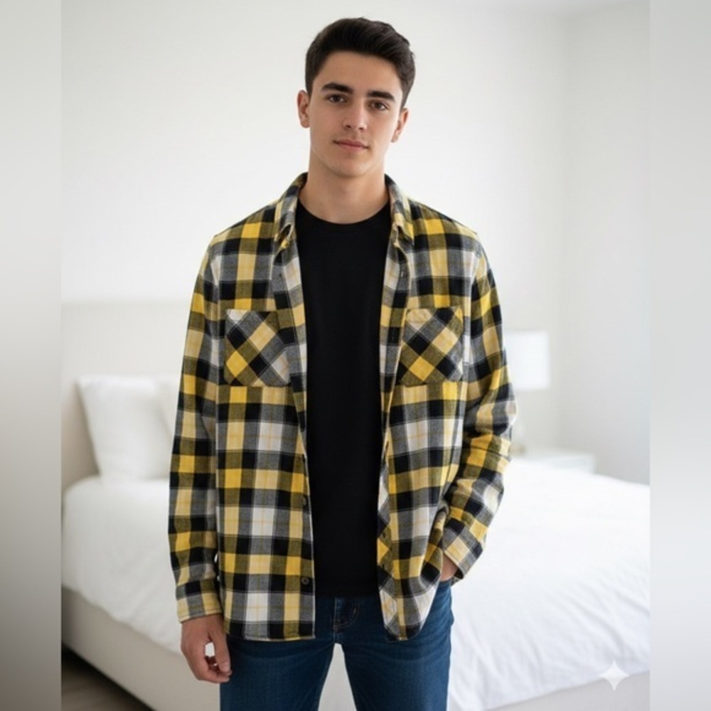 Empyre Men’s Large Black Yellow Skater Plaid Flannel Shirt L Cotton